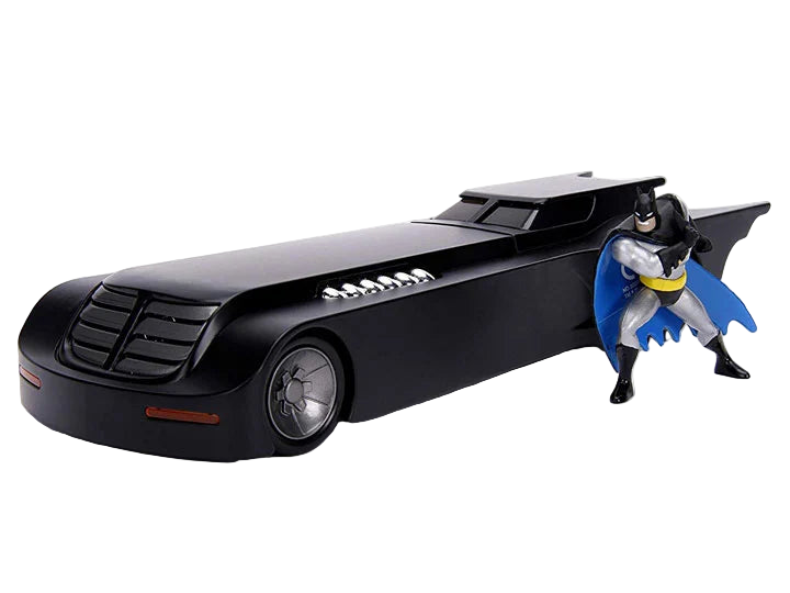 1:24 scale diecast Batmobile from Batman: The Animated Series by Hollywood Rides, featuring a detailed Batman figure, diecast body, and premium rubber tires.