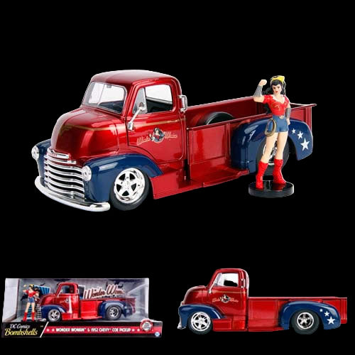 1:24 scale diecast 1952 Chevy COE Pickup from the Hollywood Rides DC Bombshells series, featuring detailed Wonder Woman figure, diecast body, plastic parts, and rubber tires.