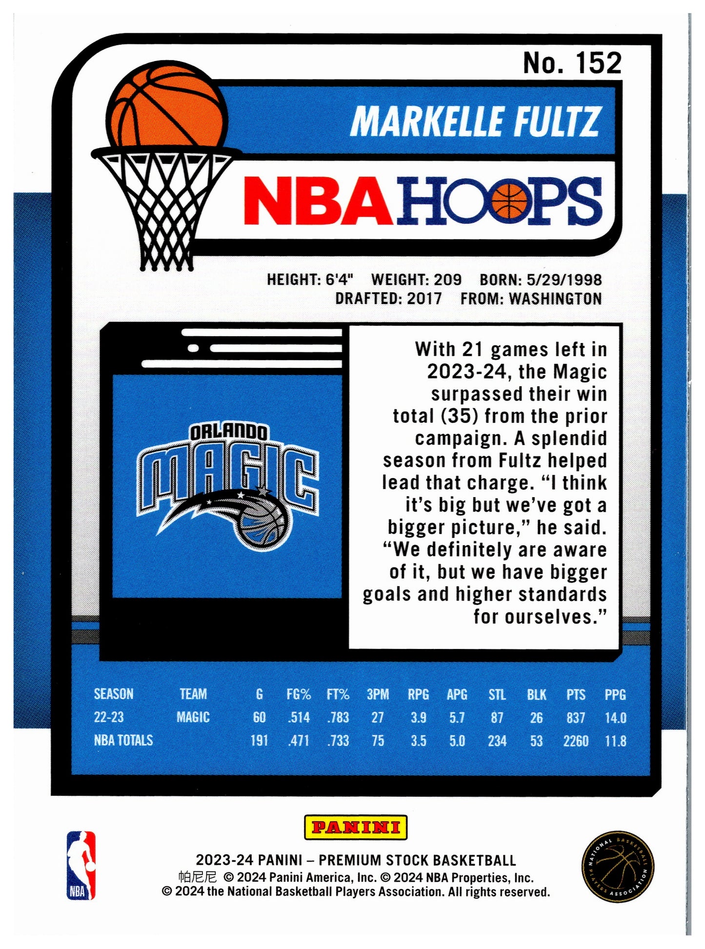 2023-24 Hoops Premium Stock #152 Markelle Fultz