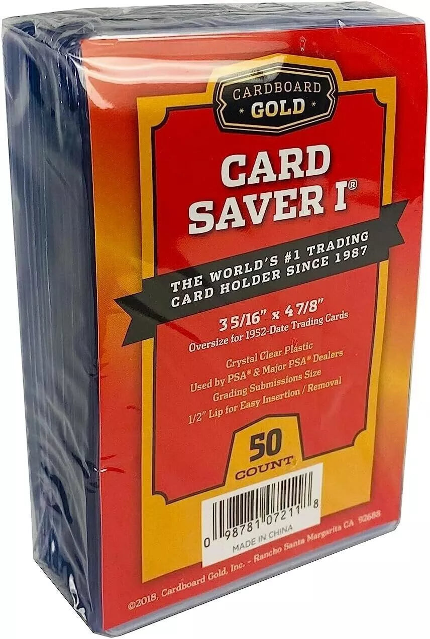 Pack of 50 Card Saver 1 semi-rigid card holders for trading cards, ideal for PSA grading and safe storage