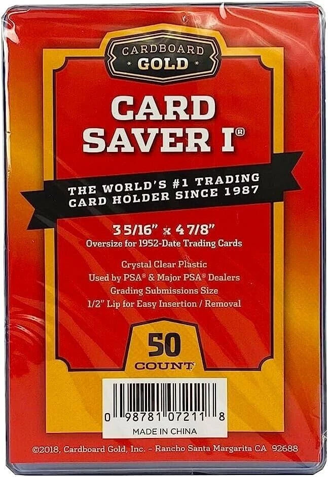 Front view of Card Saver 1 50-count pack displaying label and clear semi-rigid holders used for card grading submissions