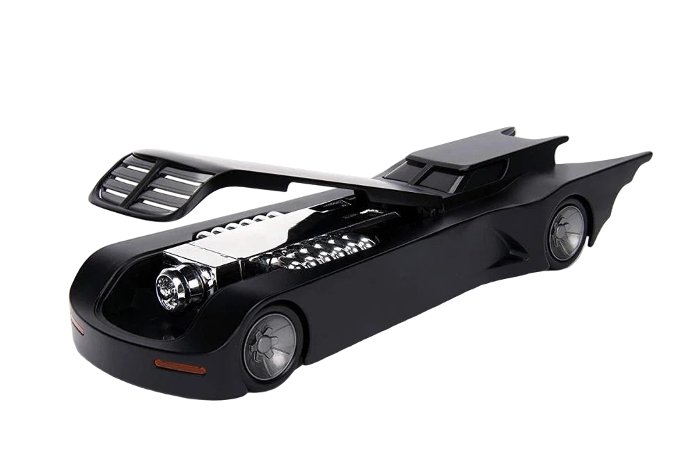 Batman The Animated Series Batmobile die-cast collectible with hood open showing detailed chrome engine – DC Collectible
