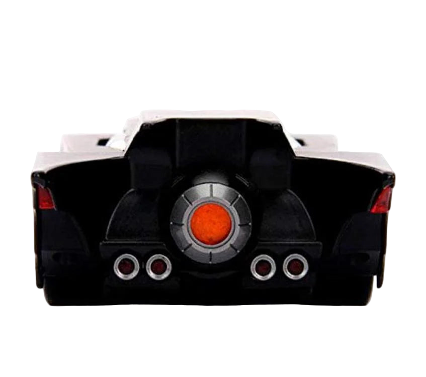 Rear view of Batman The Animated Series Batmobile die-cast collectible showing jet engine exhaust details – DC Collectible