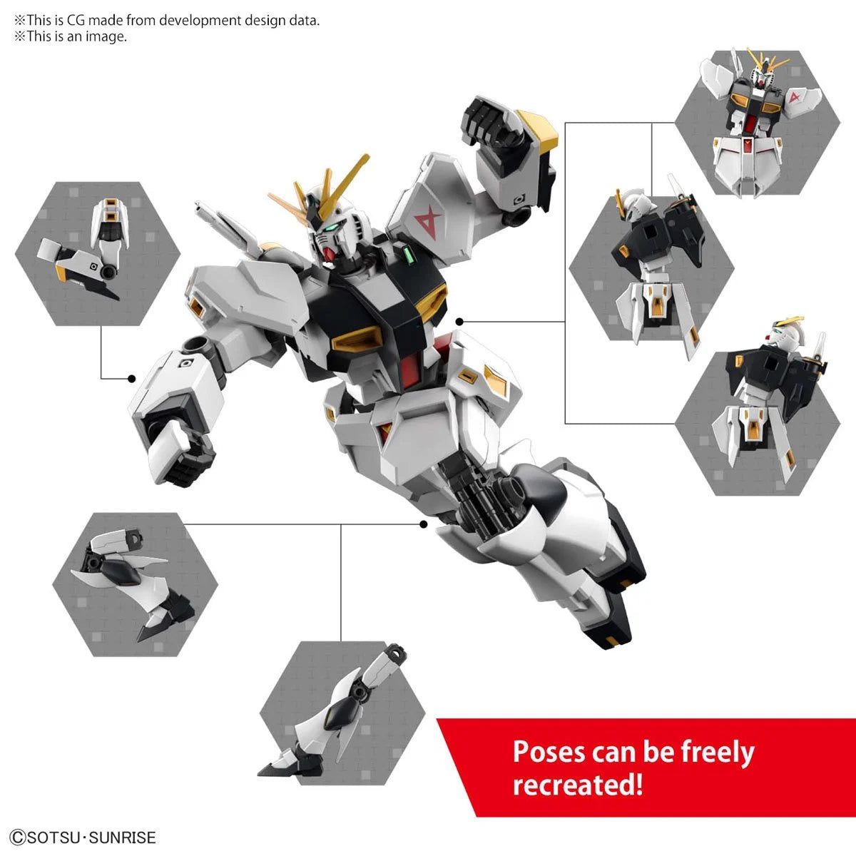 Dynamic side angle of Bandai Hobby Gunpla Nu Gundam Entry Grade 1:144 model kit demonstrating articulation and design.