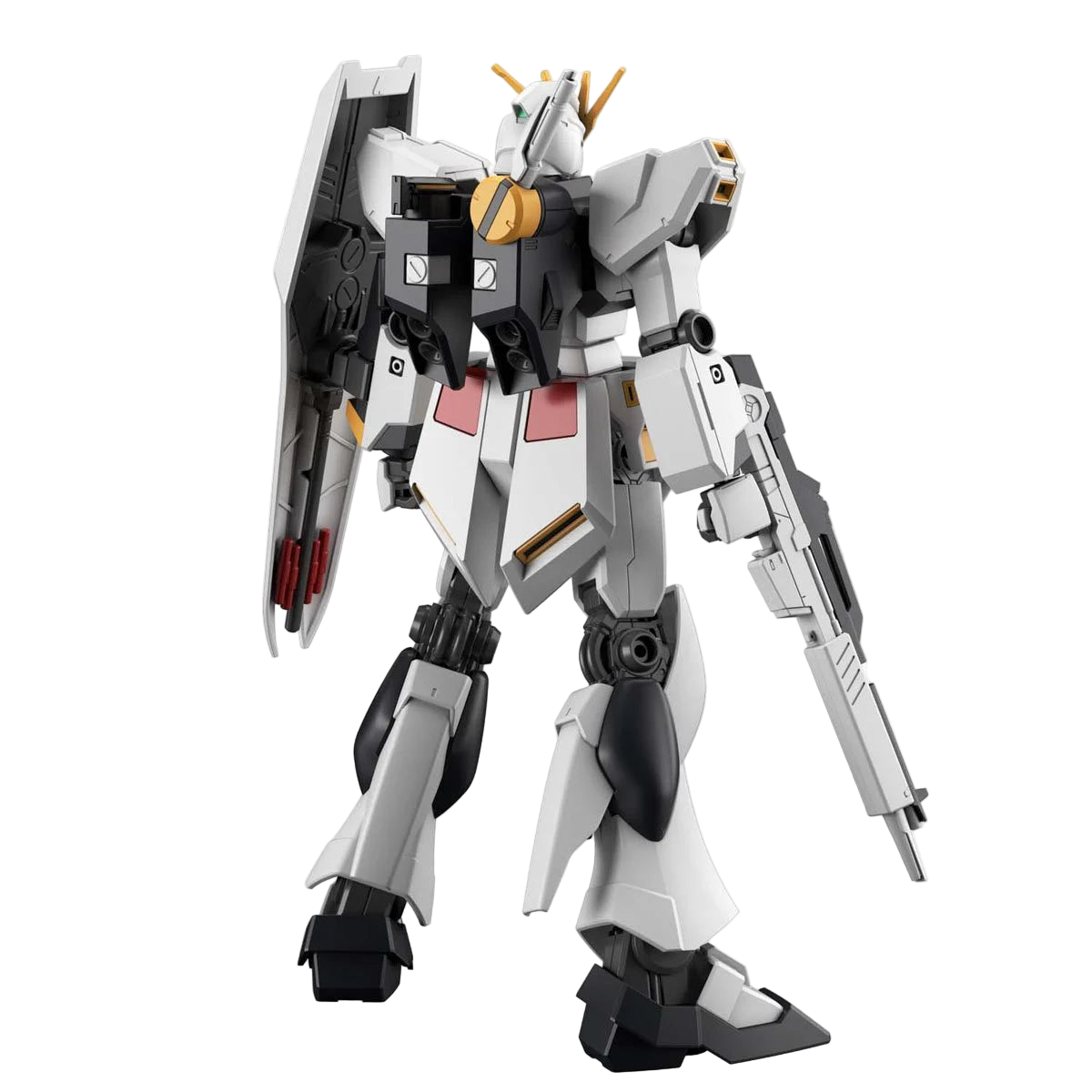 Rear view of Bandai Hobby Gunpla Nu Gundam Entry Grade 1:144 model kit showing thrusters, backpack, and shield detail.