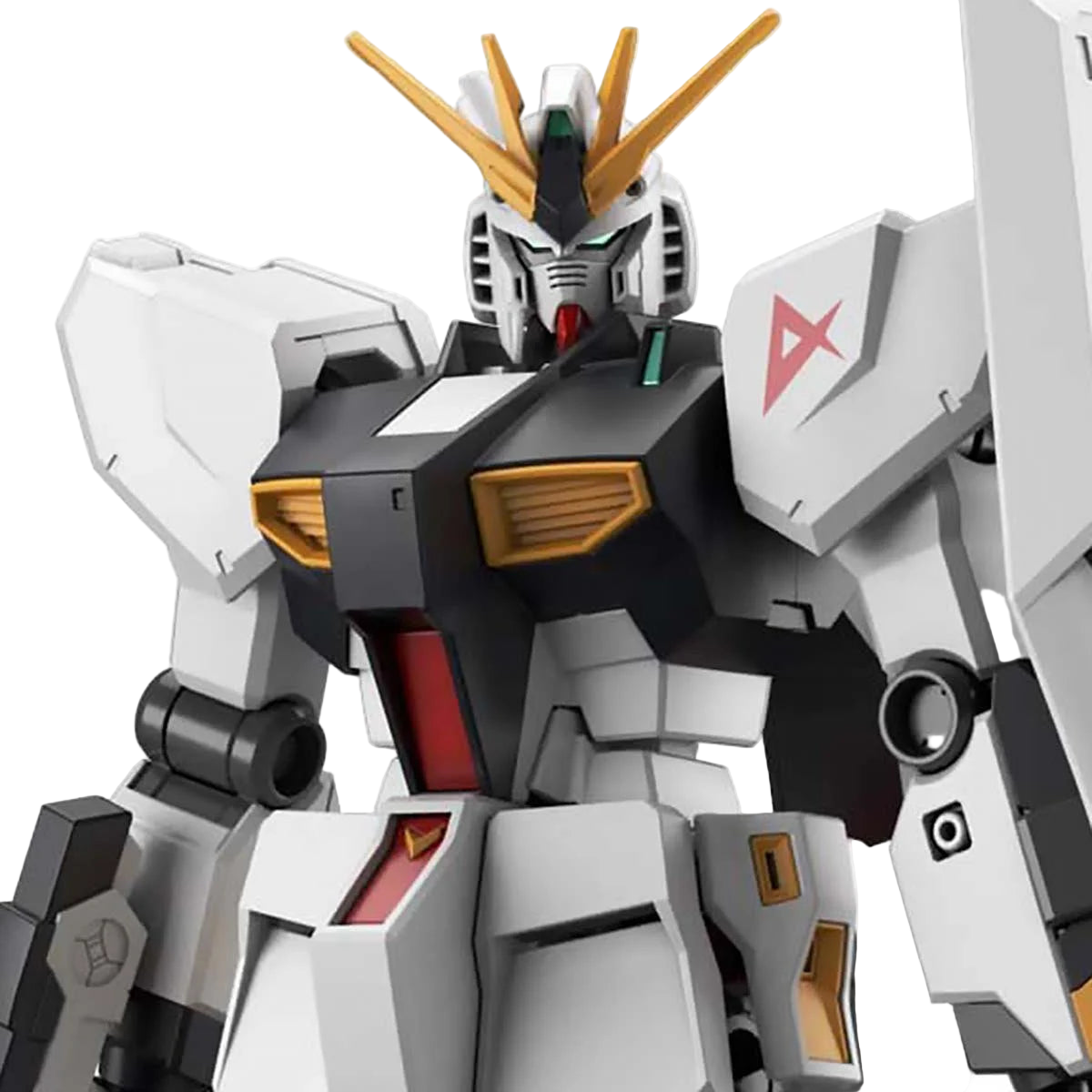 Close-up of Bandai Hobby Gunpla Nu Gundam Entry Grade 1:144 model kit head and torso showing armor and detailing.
