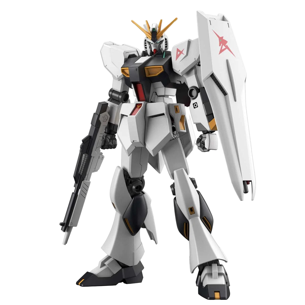 Bandai Hobby Gunpla Nu Gundam Entry Grade 1:144 model kit fully built with shield and beam rifle.