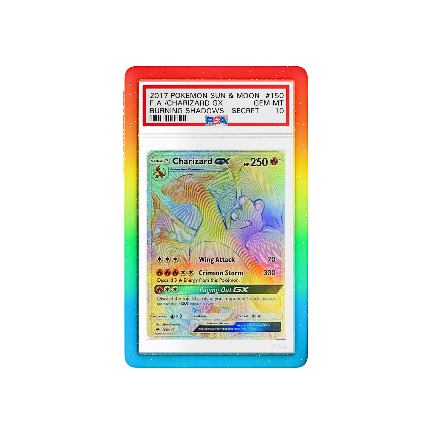 Front and back view of a PSA slab in Mythic Rainbow Dragonscale bumper guard,featuring a Charizard GX (Secret) Burning Shadows PSA 10 Pokemon card.