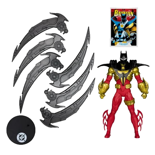 McFarlane DC Multiverse Azrael Batman Knightquest 7-inch figure with detachable blades, display base, and collector art card.