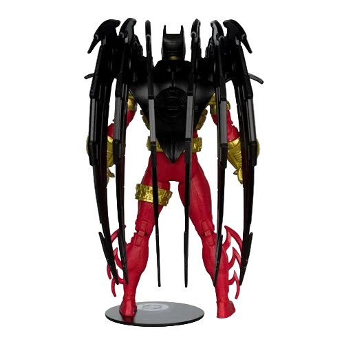 Rear view of McFarlane DC Multiverse Azrael Batman Knightquest 7-inch action figure showing mechanical wings and detailed armor plating.