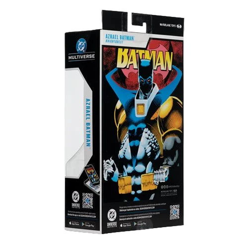 Back view of McFarlane DC Multiverse Azrael Batman Knightquest 7-inch action figure packaging showing comic artwork and bio layout.