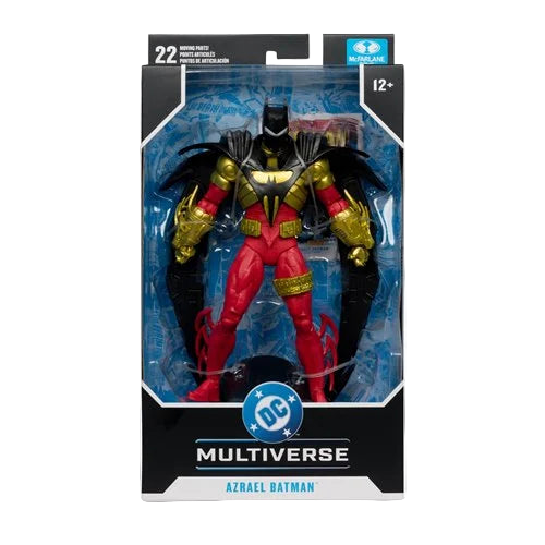 Front view of McFarlane DC Multiverse Azrael Batman Knightquest 7-inch action figure packaging showing figure and accessories.