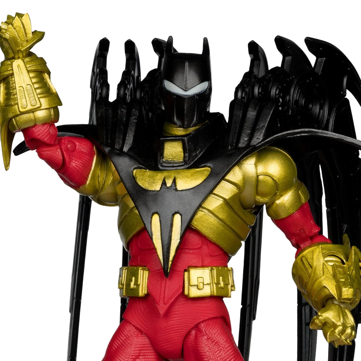 Close-up of McFarlane DC Multiverse Azrael Batman Knightquest 7-inch action figure showing detailed red and gold armor and bat crest.