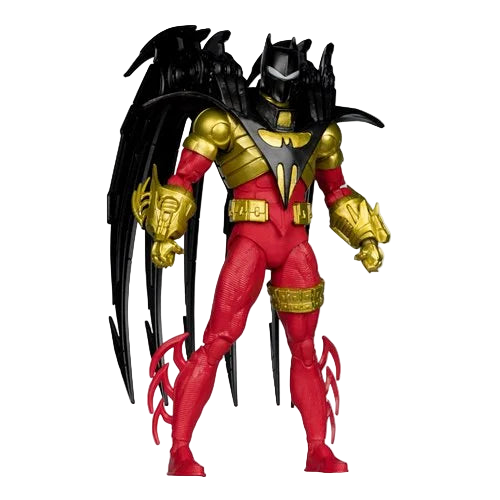 McFarlane DC Multiverse Azrael Batman Knightquest 7-inch action figure in angled dynamic pose showing red and gold armor with extended wings.