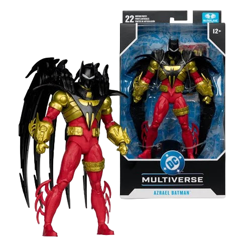 McFarlane DC Multiverse Azrael Batman Knightquest 7-inch action figure posed beside retail packaging with gold and red armor visible.