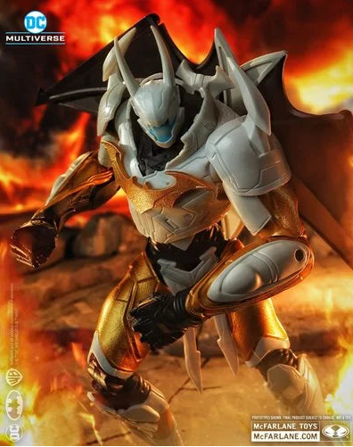 McFarlane DC Multiverse Batman Final Batsuit 10-inch MegaFig in dynamic battle pose with metallic gold and silver armor against fiery background.