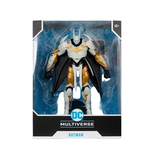 Front view of McFarlane DC Multiverse Batman Final Batsuit 10-inch MegaFig inside retail packaging with DC logo and window display.