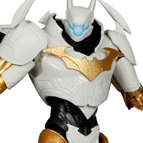 McFarlane DC Multiverse Batman Final Batsuit 10-inch MegaFig close-up of chest armor and illuminated blue eyes with gold bat emblem detail.