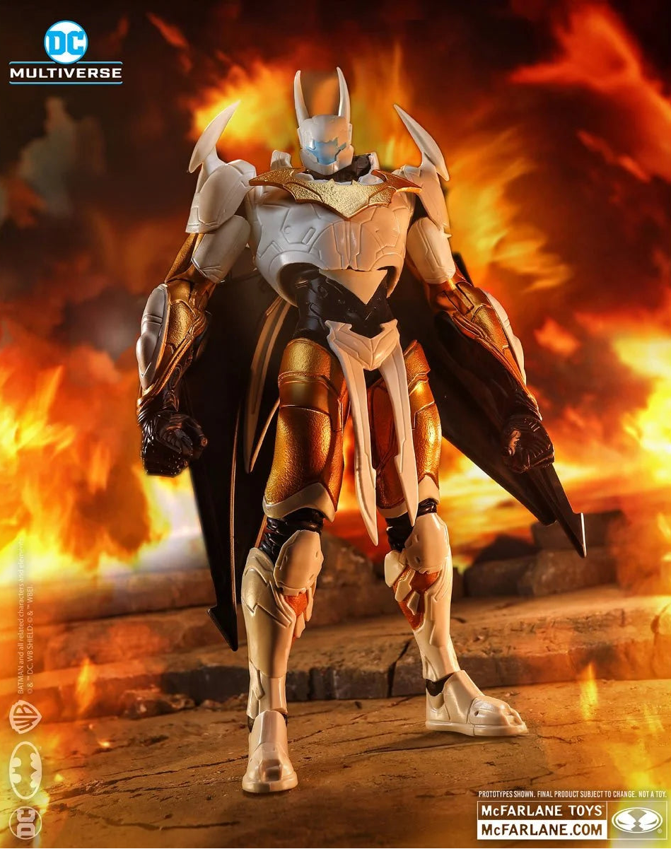 Front view of McFarlane DC Multiverse Batman Final Batsuit 10-inch MegaFig from Justice League: The Sixth Dimension, standing heroically with flames and rubble in the background.