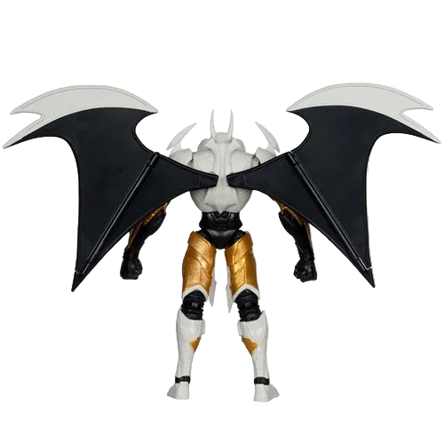 Rear view of McFarlane DC Multiverse Batman Final Batsuit 10-inch MegaFig with wings extended, showing armor detail and mechanical wing design.