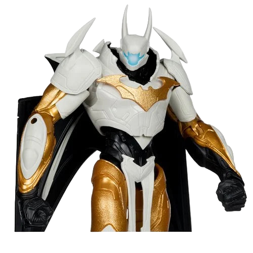Close-up of McFarlane DC Multiverse Batman Final Batsuit MegaFig showing white armor, gold emblem, and blue illuminated eyes with wings folded behind.