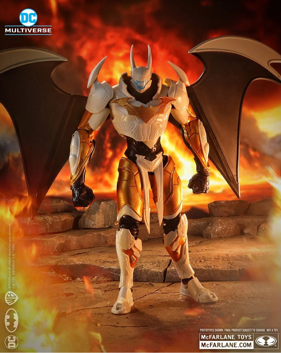 McFarlane DC Multiverse Batman Final Batsuit 10-inch MegaFig with wings fully extended, posed in front of fiery background from Justice League: The Sixth Dimension.