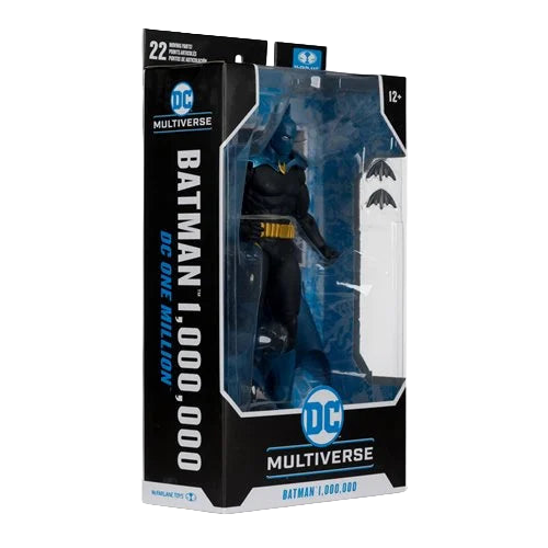 Angled view of McFarlane DC Multiverse Batman One Million 7-inch action figure packaging showing logo and accessories.