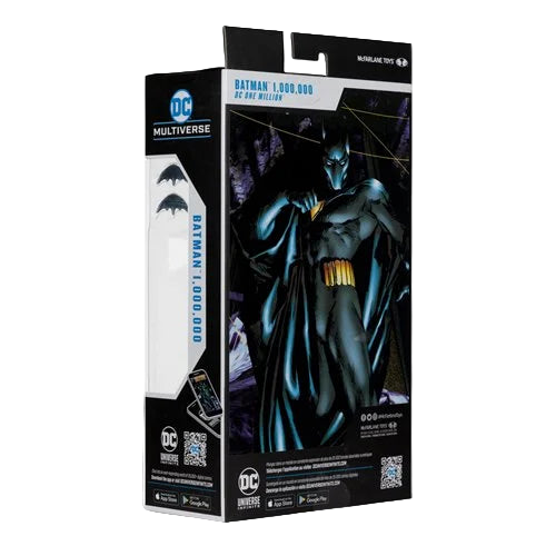 Back view of McFarlane DC Multiverse Batman One Million 7-inch action figure packaging showing artwork, accessories, and bio layout.