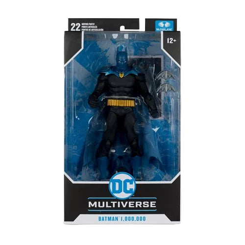Front view of McFarlane DC Multiverse Batman One Million 7-inch action figure packaging showing figure, logo, and accessories.