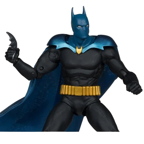 Close-up of McFarlane DC Multiverse Batman One Million 7-inch action figure holding a batarang with detailed blue armor and gold utility belt.