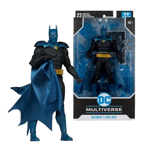 McFarlane DC Multiverse Batman One Million 7-inch action figure posed beside retail packaging with DC logo and accessories visible.