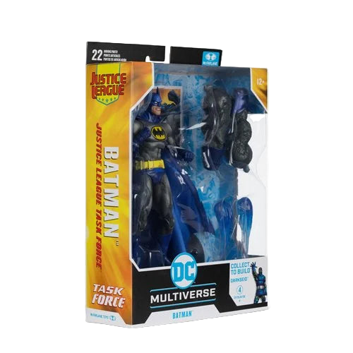 Angled view of McFarlane DC Multiverse Batman Justice League Task Force figure package showing Task Force branding and accessories.