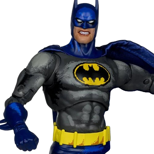Close-up of McFarlane DC Batman Justice League Task Force figure showing armor detail and bat symbol