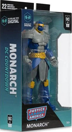 Angled view of McFarlane DC Direct Monarch DC Countdown 7-inch figure package with digital code icon.