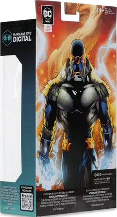 Back of McFarlane DC Direct Monarch packaging featuring character artwork and digital collectible QR code.