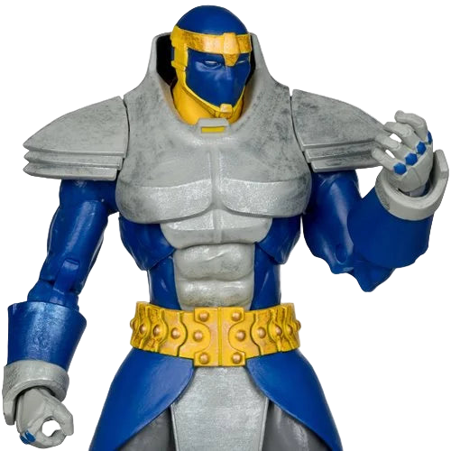 Close-up of McFarlane DC Direct Monarch figure showing detailed armor sculpt and helmet design.