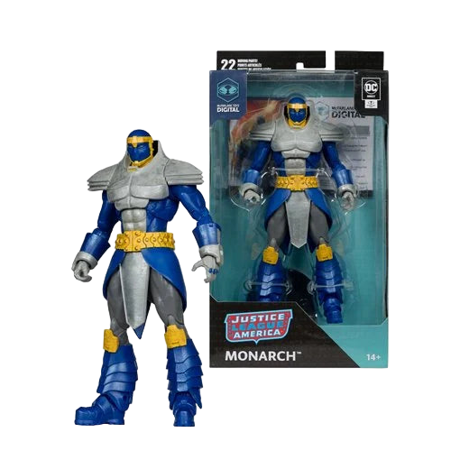 McFarlane DC Direct Monarch figure posed beside retail packaging from DC Countdown Wave 5.