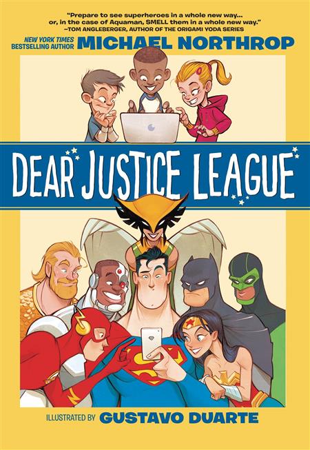 Cover of Dear Justice League TP – stylized artwork of Superman, Wonder Woman, Batman, and others smiling while answering fan mail.