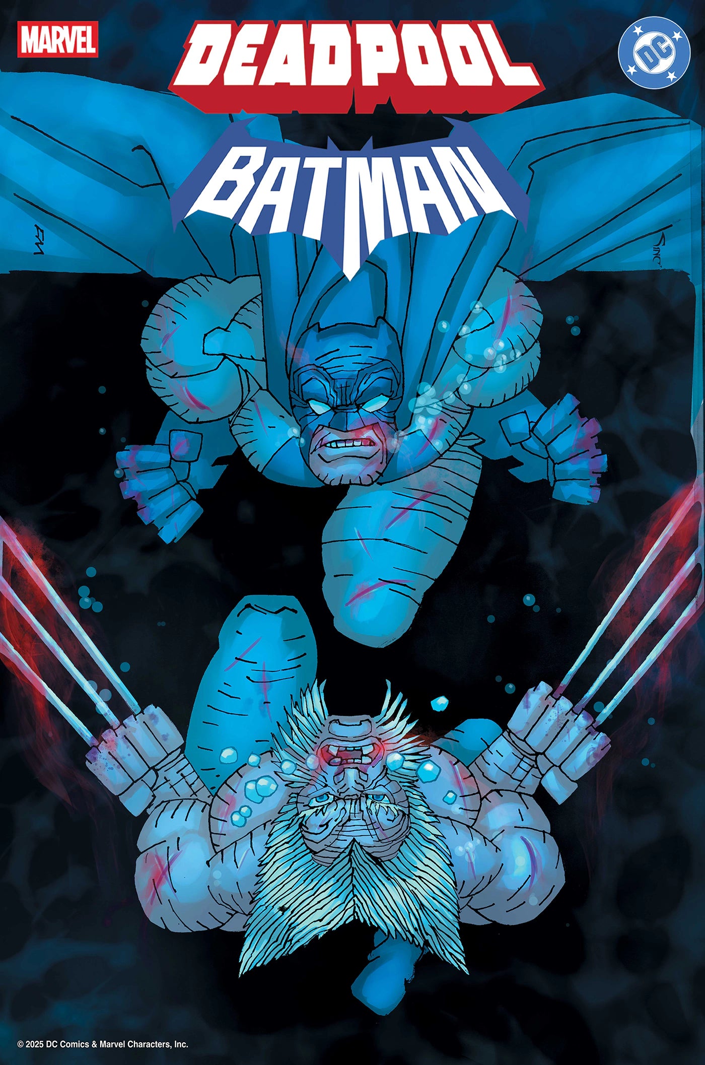 Deadpool/Batman #1 Frank Miller 1:50 incentive variant cover featuring Batman and Deadpool underwater, rendered in Miller’s dark, angular style – Marvel/DC 2025 crossover comic