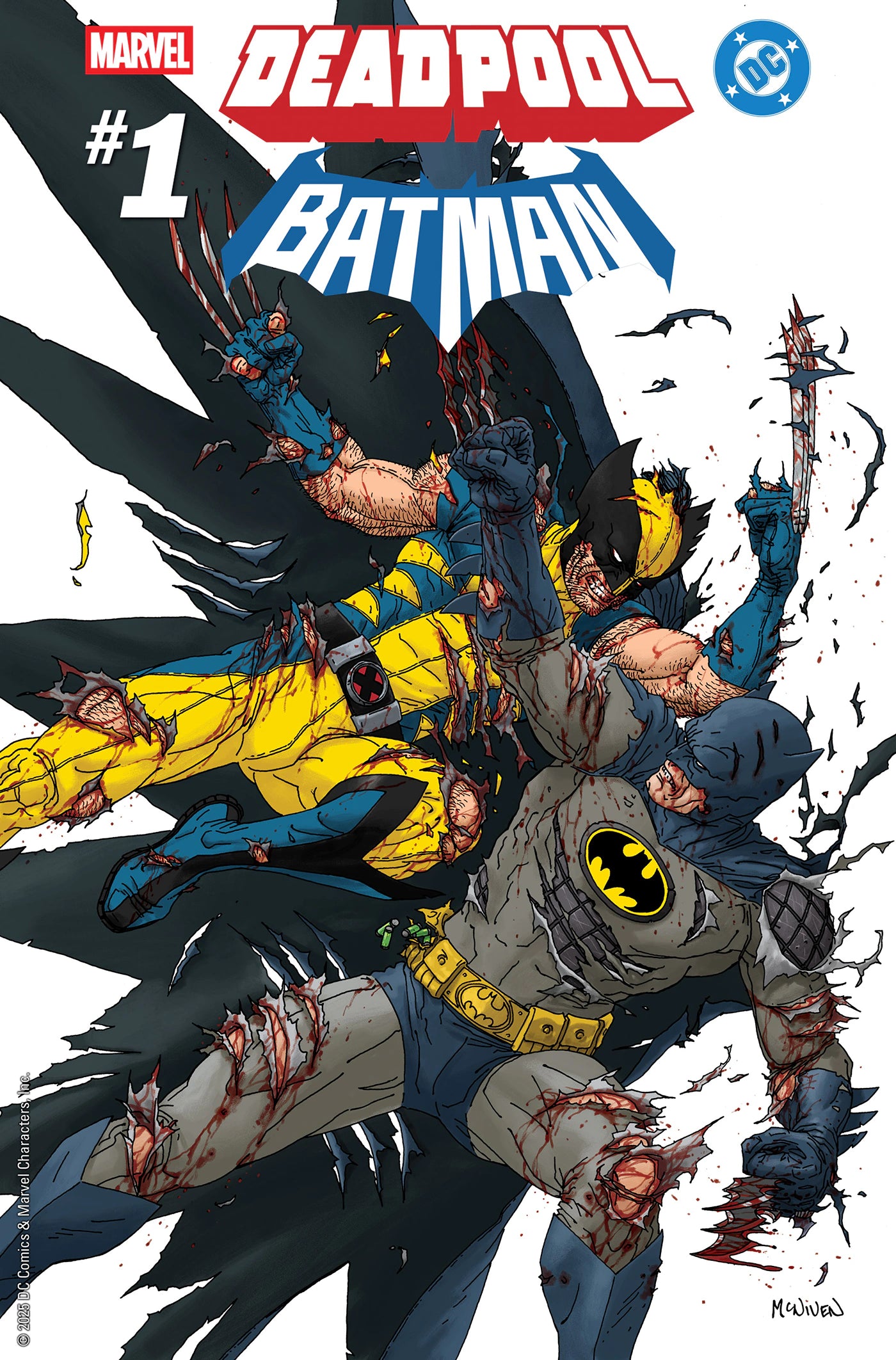 Deadpool/Batman #1 Steve McNiven 1:25 incentive variant cover featuring Batman locked in a brutal fight with Wolverine, with torn costumes and battle damage – Marvel/DC 2025 crossover comic