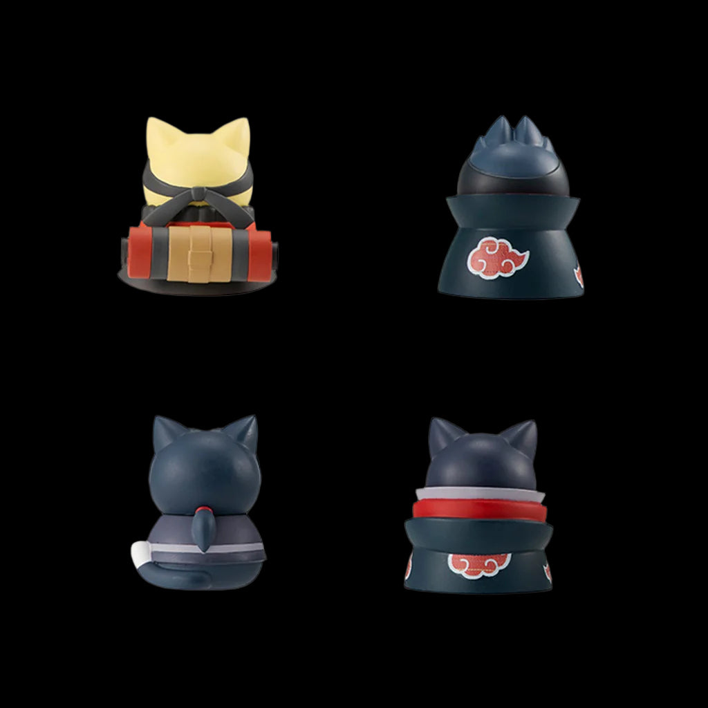 Back view of four Nyaruto! Mega Cat Project mini figures from Naruto Shippuden, displaying details on their cloaks, tails, and accessories against a black background.