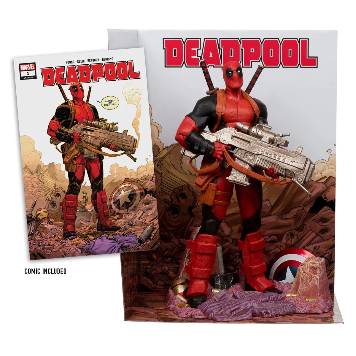 Hasbro Marvel Legends Deadpool action figure posed with large sci-fi blaster and included comic book, displayed in themed diorama packaging inspired by the comic cover.