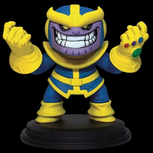 Stylized 1/8 scale Marvel Animated Thanos resin statue standing about 4 inches tall, wearing blue and gold armor with the Infinity Gauntlet raised, inspired by the classic Infinity Gauntlet comic cover, sculpted by Gentle Giant Studios.