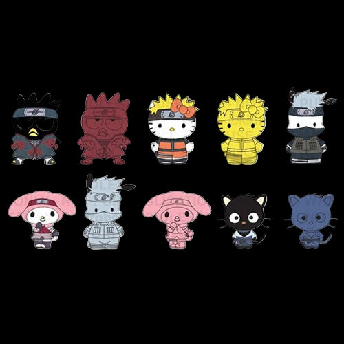 Lineup of 10 Sanrio x Naruto enamel pins featuring Hello Kitty, My Melody, Badtz-Maru, Chococat, and others dressed as Naruto Shippuden characters, including Naruto, Kakashi, and more, in a variety of colorful outfits.