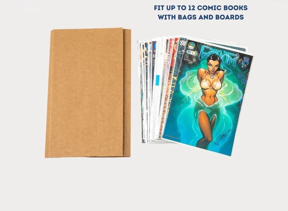 Gemini comic mailer shown beside a stack of bagged and boarded comics demonstrating fit capacity up to 12 books.