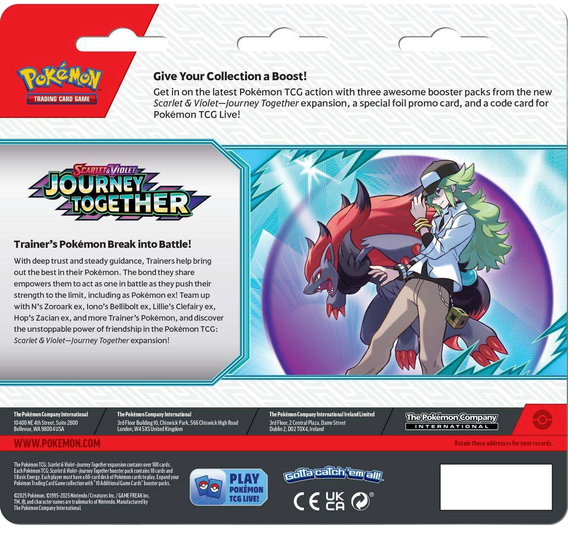 Back of Pokémon TCG Scarlet & Violet Journey Together 3-Pack Blister showing product description, N and Zoroark artwork, and included promo card details