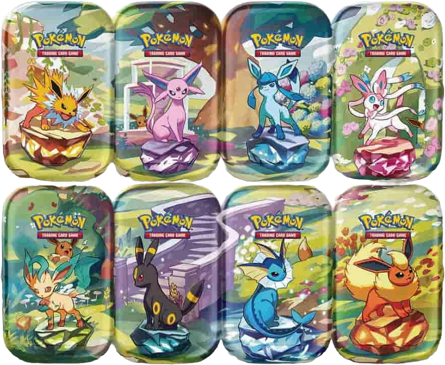 Pokémon Prismatic Evolutions mini tins – Jolteon, Espeon, Glaceon, Sylveon, Leafeon, Umbreon, Vaporeon, Flareon artwork grid.