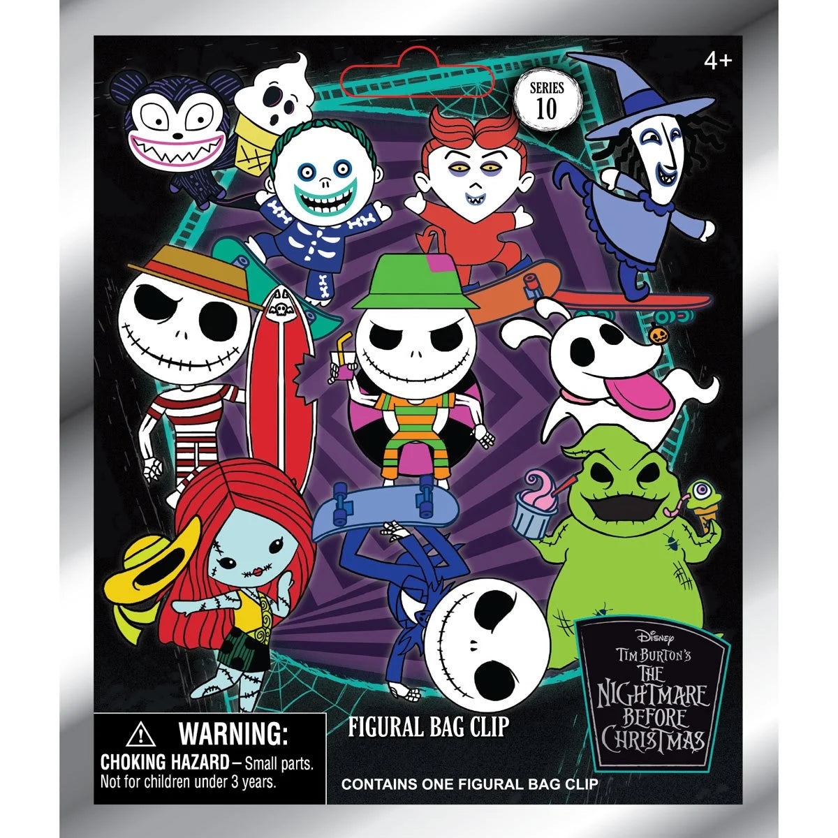 Nightmare Before Christmas Series 10 blind bag packaging featuring Jack, Sally, Zero, and Oogie Boogie artwork.