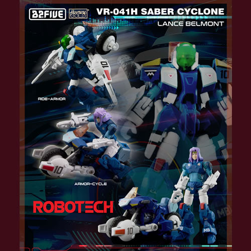 1/28 scale Robotech VR-041H Saber Cyclone Lance Belmont action figure by B2Five, fully transformable between Cyclone and Robot mode, with over 21 points of articulation.