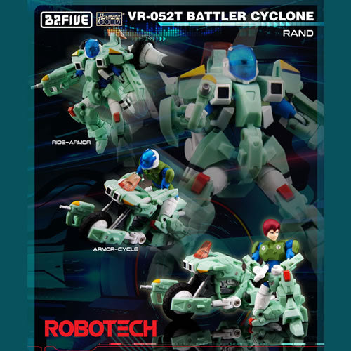 1/28 scale Robotech VR-052T Battler Cyclone Rand action figure by B2Five, fully transformable between Cyclone and Robot mode, with over 21 points of articulation.
